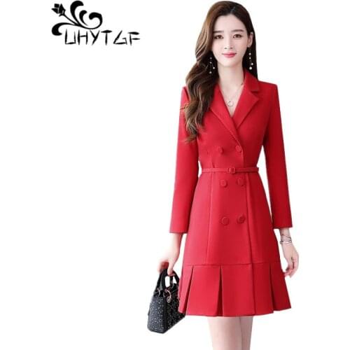 UHYTGF dress women female double-breasted Autumn winter dress long sleeve elegant Slim mini 3XL plus size dresses vestidos 1397
