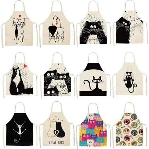 1Pcs Kitchen Apron Cute Cartoon Cat Printed Sleeveless Cotton Linen Aprons for Men Women Home Cleaning Tools 53*65cm WQ0029