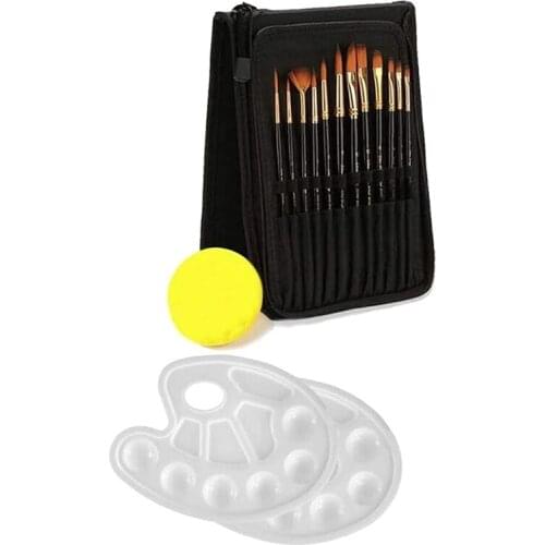 15Pcs Paint Brush Set with 12 Brushes Sponge and Palette for Watercolor Oil Acrylic Painting