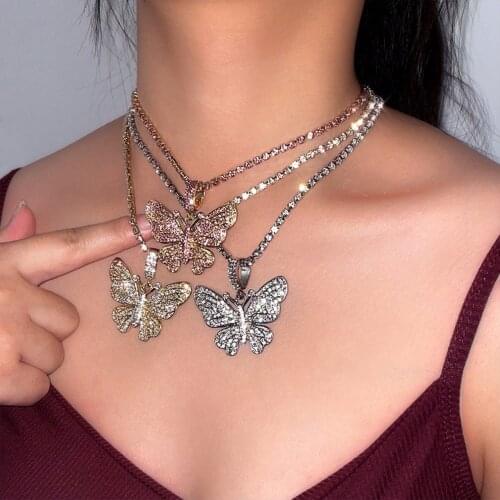 2021 Fashion Crystal Big Butterfly Pendant Necklaces For Women Pink Rhinestone Tennis Chain Choker Necklaces Personality Jewelry