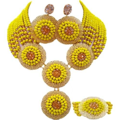 ACZUV Yellow Gold AB African Necklace Nigerian Beads Jewelry Set Wedding Party Jewelry Sets 10C-4PH006