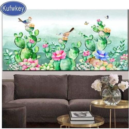 Tropical plants cactus flowers and birds large size diy 5d diamond painting Full Square Round Drill Mosaic Diamond Embroidery