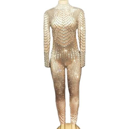 Shining Rhinestones Pearl Striped Jumpsuit Women Backless Long Sleeve Rompers Nightclub Dance Show Wear Performance Costumes