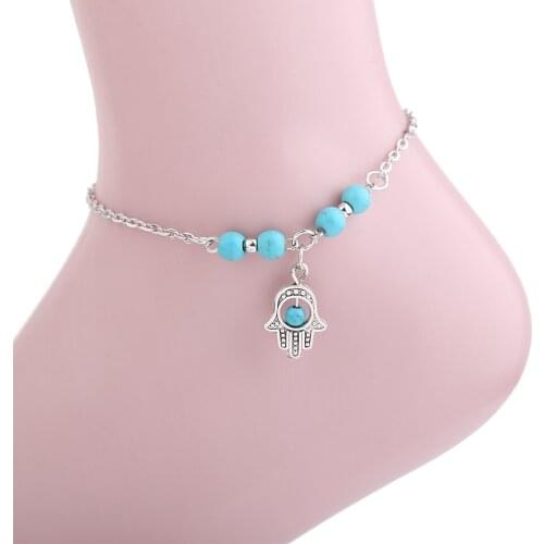 Boho Style Fatima Palm Green Leaves Turquoise Beaded Anklet Boho Jewelry