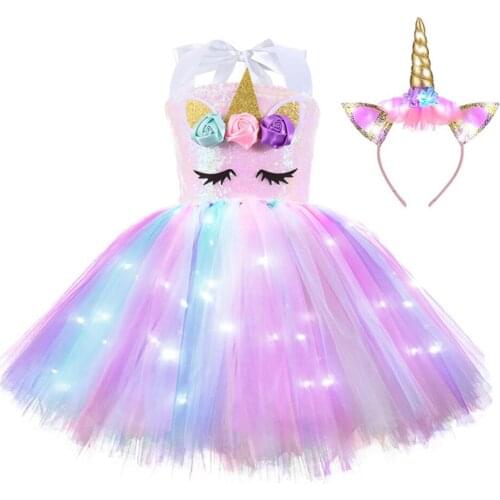 Children Unicorn Costume For Girls Dress Up With Light Shiny Flower Birthday Party Cosplay Christmas Girl‘s Clothing 1-10 Years