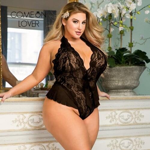 Comeonlover Erotic Bodysuit Sexy Women One Piece Backless Solid Color Plus Size Deep V Neck Exquisite Lace Femme Teddy Bodysuit