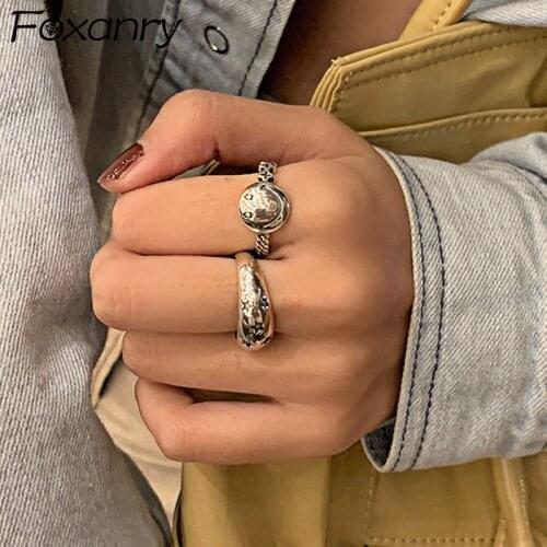 Foxanry 925 Sterling Silver Smiley Face Rings for Women New Fashion Vintage Handmade Thai Silver Punk Hiphop Party Jewelry Gifts