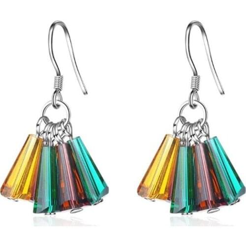 Creative Colorful New Literary Tassel Fashion 925 Sterling Silver Jewelry Long Rainbow Crystal Fan Shaped Dangle Earrings SE505