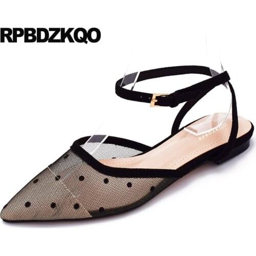 Flat Lace Summer Luxury Shoes Women Designer Ladies Runway Closed Toe Ankle Strap Slingback Sandals Pointed Polka Dot Black