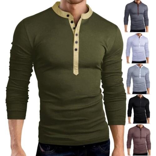 Hot Sales Spring Autumn Mens Slim Fit V Neck Button Long Sleeve Muscle Tee T-shirt Casual Tops Henley Shirts