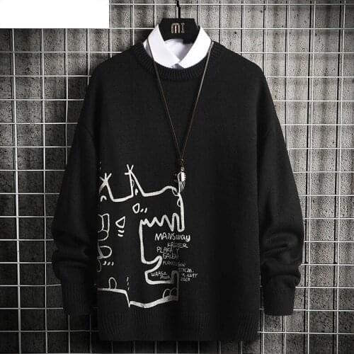 Mens Knitted Sweater Men 2020 Winter Anime Printed Jumper Oversized Korean Style Pullovers White Sweater Men