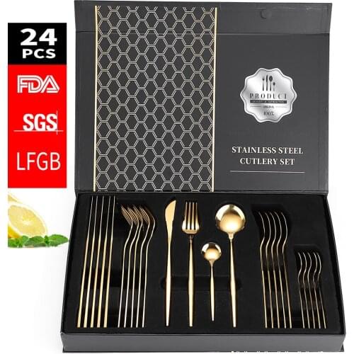 24pcs Dinnerware Set Stainless Steel Tableware Set Knife Fork Spoon Flatware Set Safe Cutlery Set Gift Box Restaurant Black