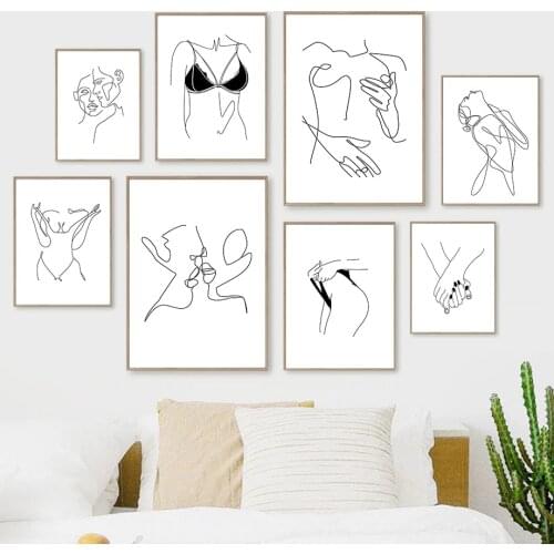 Abstract Couple Kiss Wall Art Poster Sexy Women Body Line Drawing Print Hand In Hand Canvas Painting Nordic Picture Home Decor