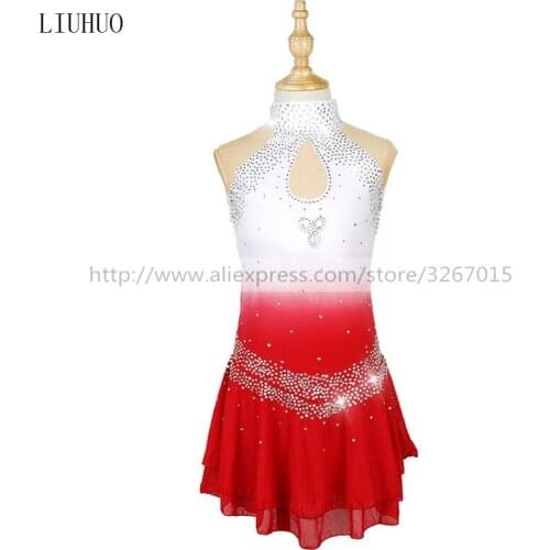 Figure Skating Dress Womens Girls' Ice Skating Dress Competitive performance clothing Sleeveless White and red Standing collar