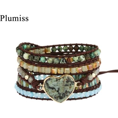 Plumiss African Turquoises Shaped Heart Wrap Bracelet Natural Stone Hematite Beadework 5Times Strand Bracelets Jewelry for Women