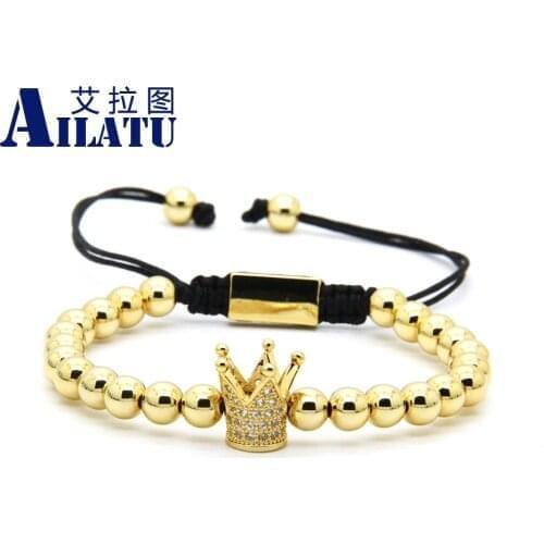 Clear Cz Crown Braided Charm Men Bracelet 6mm Top Quality Brass or Stainless Steel Beads Party Gift Jewelry