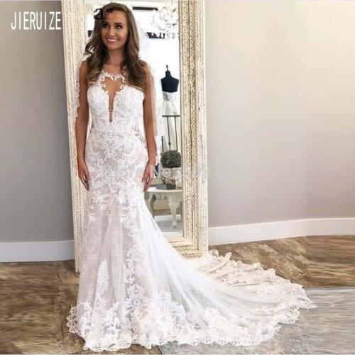 JIERUIZE Sexy Backless Lace Mermaid Wedding Dresses Sheer Neck Appliques Beach Bridal Gowns Vestido De Novia Long Wedding Gowns