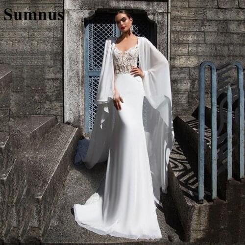 Sumnus 2021 Mermaid Wedding Dresses with Long Cape Appliques Covered Button Back Castle Wedding Gown Illusion Lace Bridal Gowns