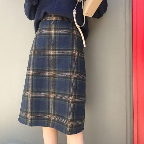 Trendy Plaid Wool Thicken Skirts Winter Vintage High Waist Girls Women Midi Skirts Elegant Female A-line Skirt Chic Warm Bottom