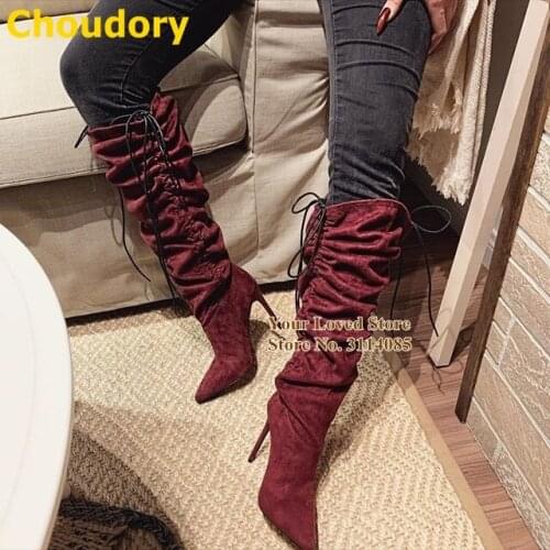 Choudory Wine Red Suede Knee Boots Stiletto Heels Pointed Toe Long Dress Boots Lace-up Elastic Band Gladiator Shoes Dropship
