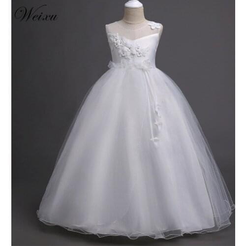 Weixu Teenage Girls White High Waist Long Flower Princess Wedding Dress Kids Prom Costume Formal Gown Clothes for Girl Ceremony