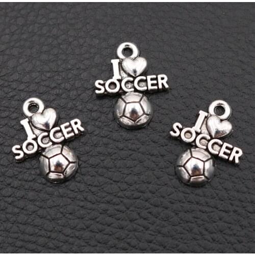 WKOUD/20pcs Silver Color I Love Soccer Tag Glamour DIY Bracelet Necklace Handmade Metal Sports Jewelry Pendant 20*16mm A2057