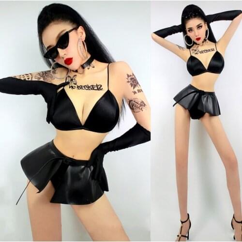 Black Jazz Dance Costume Women Sexy Bikini Short Skirt Pole Dance Clothing Nightclub Birthday Outfits Party Rave Wear DNV14376