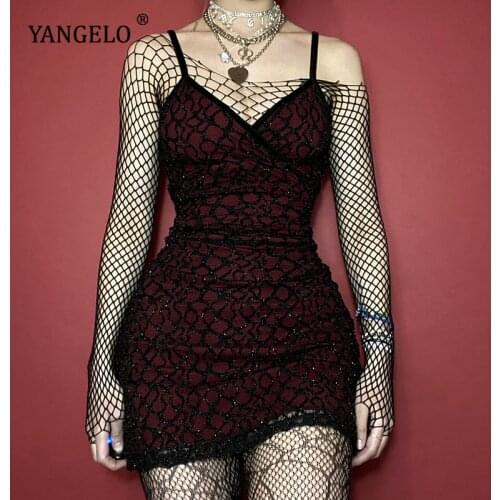 Yangelo Gothic Sexy V Neck Red Dress Grunge Bodycon Backless High Waist Mini Dress Goth Vintage Sleeveless Women Dress Club Wear