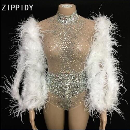 Fashion Sexy See Through Bright Rhinestones Feather Bodysuit Women' Mesh Bodysuit Nightclub Singer Dance Big Stones Outfit