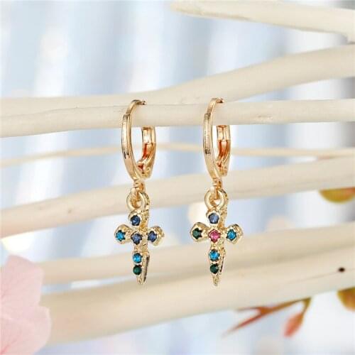 1Pair New Simple Rainbow Crystal Cross Hoop Earrings For Women Colorful Rhinestone Geometric Long Bar Ear Stud Jewelry Gift