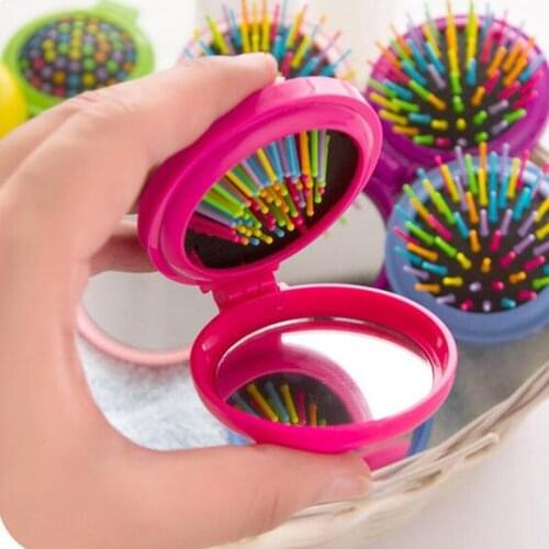1 Pc Makeup Comb Hair Brush Pro Styling Tool Portable Mini Folding Comb Airbag Massage Round Travel Hair Brush with Mirror