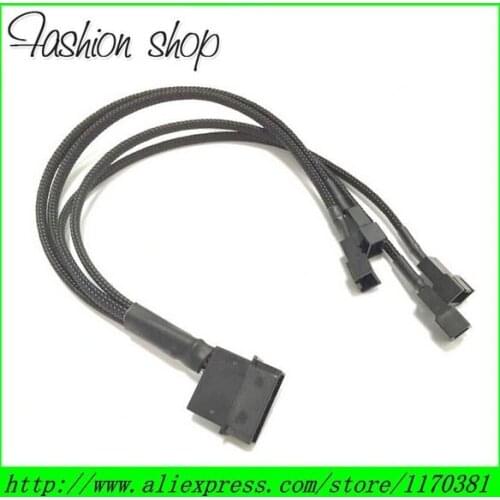 Free shipping Black Sleeved 12" IDE Molex 4Pin PWM Splitter to 4-Port Cooler Cooling Fan 3Pin Socket Power Cable