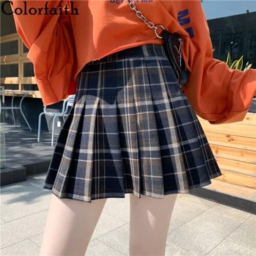 Colorfaith New 2020 Autumn Winter Women Skirt In A Cage Plaid Pleated Woolen Checkered High Waist Lady School Mini Skirt SK8098