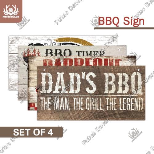 Putuo Decor 4PCS BBQ Wood Signs Wooden Haning Plaque Rustic Wood Plate Hanging Signs for Kitchen Camping Home Wall Decor Gifts