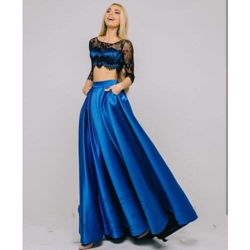 Elegant Two Pieces Evening Dress 2021 Black Lace Top Satin Half Sleeve Open Back With Pocket Court Train Sexy Scoop Custom Size