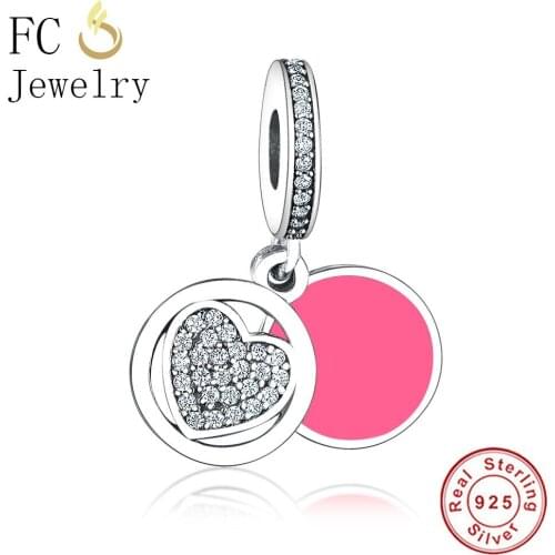 FC Jewelry Fit Original Brand Charms Bracelets 925 Sterling Silver Heart CZ Stone Pink Color Beads Pendant for Making Berloque