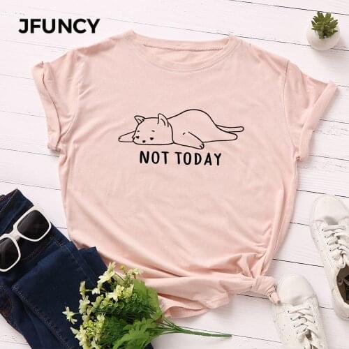 JFUNCY Plus Size S-5XL Lovely Cat Letter Print T Shirt Women 100% Cotton O Neck Short Sleeve Summer T-Shirt Tops Casual T Shirts