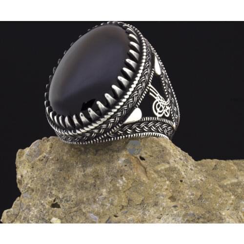 Solid 925 Sterling Silver Oval Onyx Stone Ottoman Signature Tughra Mens Ring