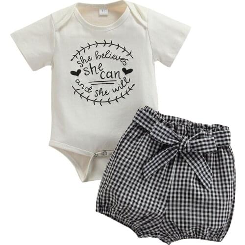 Toddlers Kids Baby Girls Clothes Letter Printed Short Sleeve Romper Top+Plaid Shorts 2pcs Infant Summer Clothing Outfit