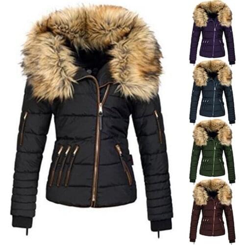 Faux Fur Jacket Women Big Fur Collar Hooded Solid Slim Short Outwear Warm Down Zipper Casual Long Sleeve Female Parkas Coats