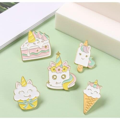 Cute Cake Enamel Pin Creative Ice Cream Dessert Brooches Horse Bag Clothes Lapel Pins Badge Jewelry Gift for Kids Friends