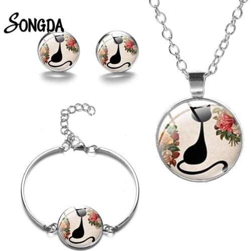 Fashion Black Cat Jewelry Set Silver Color Kitten Cartoon Print Glass Cabochon Pendant Necklace Bracelet Earrings Sets for Women