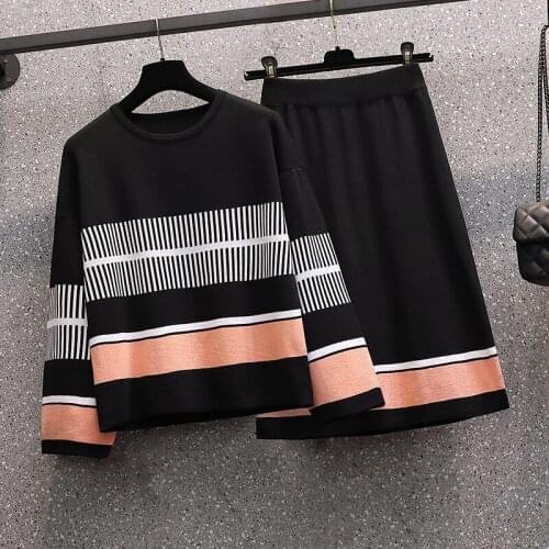Fashion Knitted Two Piece Set Women Loose Hit Color Sweater Pullovers &Elastic Knit Knee Length Skirt Autumn Ladies Suit L-4XL