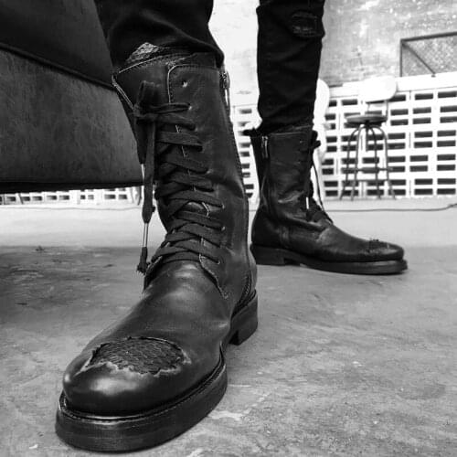 Personality Patch Hole Snake Skin Retro Mens Mid Calf Boots Harajuku Luxury Genuine Leather Horse Skin Cross Tie Male Safe Boots