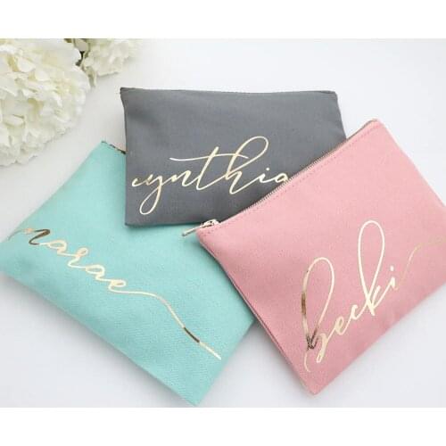 Personalized monogram Cursive Script custom name Bridesmaid Pouch Makeup Bag Bridesmaid Cosmetic Bag Toiletry Gold Canvas Pouch