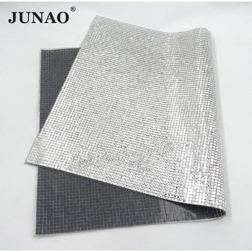 JUNAO 24x40cm Clear Crystal Mesh Hotfix Rhinestones Trim Square Glass Stones Applique Hot Fix Crystal Fabric Sheet for Jewelry