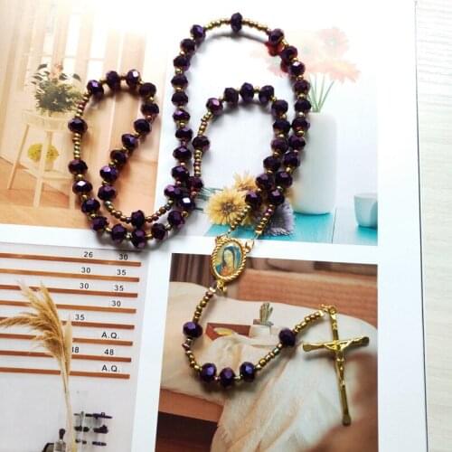QIGO Purple Crystal Jesus Cross Necklace The Rosaries For Women Catholic Religious Jewelry