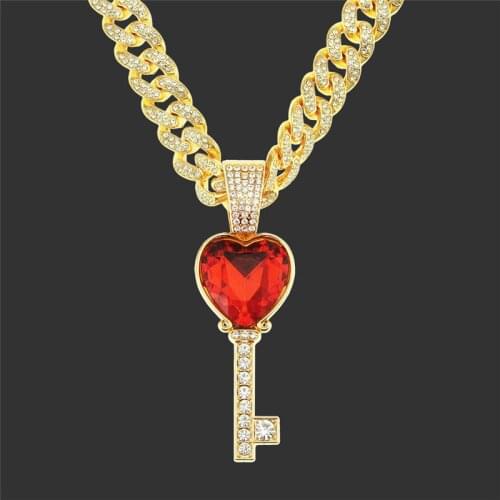 Ruby Heart Key Pendant Necklace,20" Full Rhinestone Cuban Chain ,High Quality Hip Hop Punk Jewelry For Men Women Gift