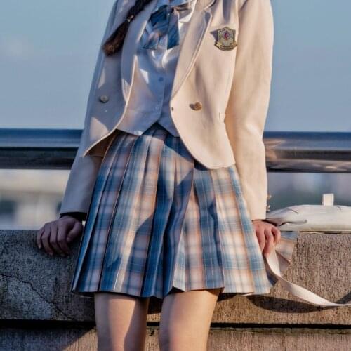 School Girl Uniform Pleated Skirts Japanese School Uniform High Waist A-Line Plaid Skirt JK Uniforms for Woman Full set