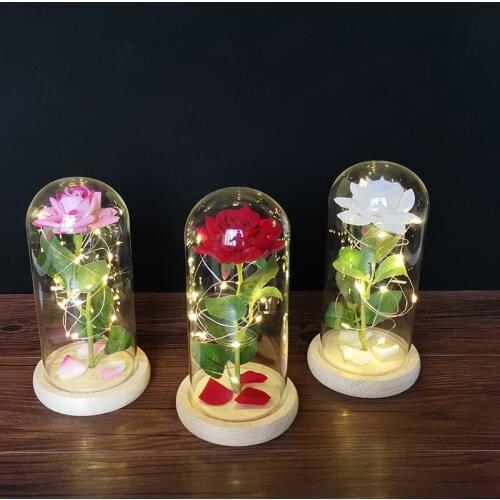 Preserved Flower Artificial Flowers Eternal Rose LED Light Glass Cover Wedding Home Decor For Birthday Mother Day Gift Crafts